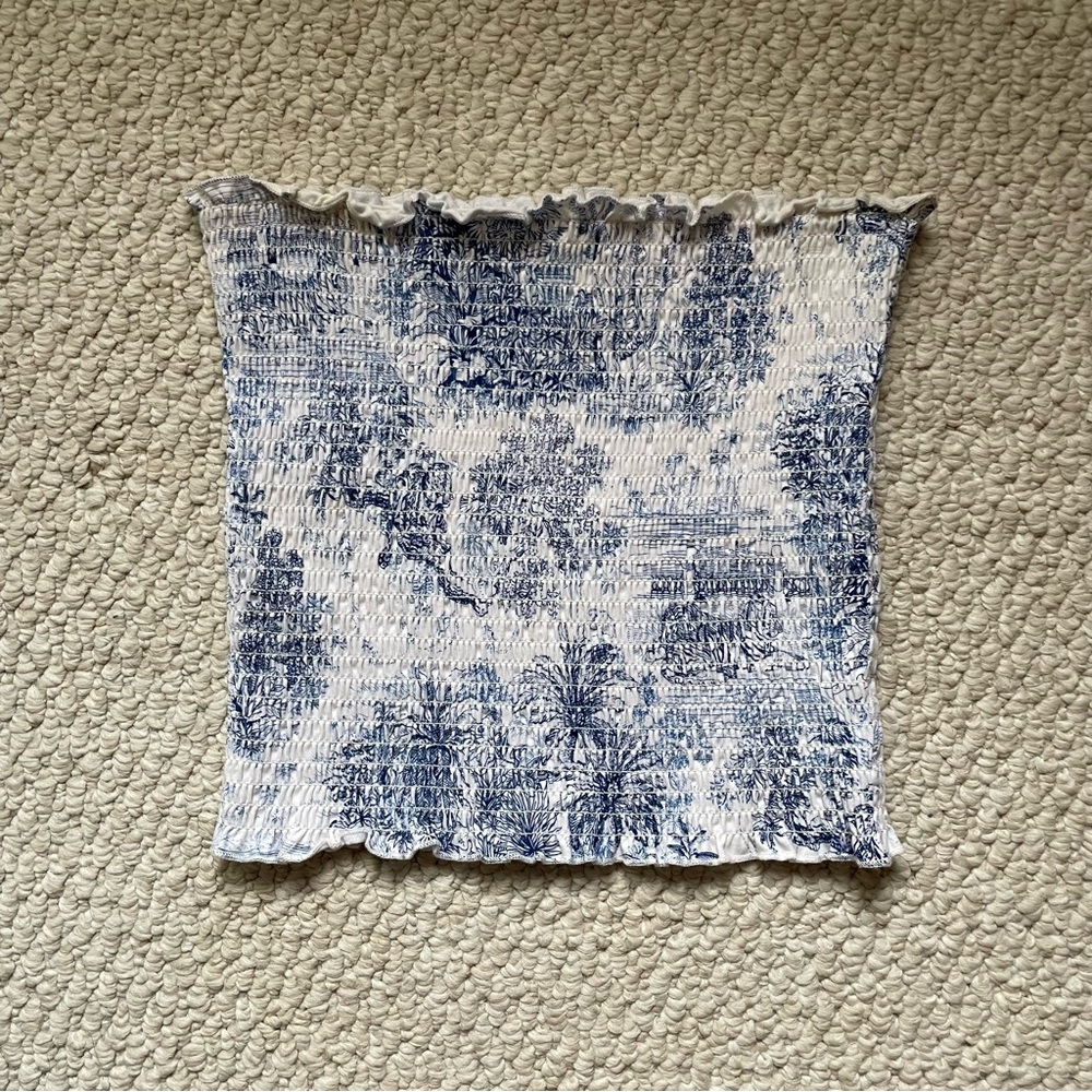 H&M Blue and White Smocked Tube Crop Top